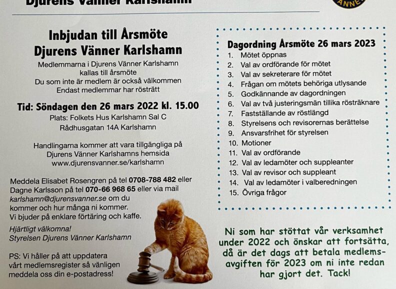 Välkomna till Djurens Vänner Karlshamns Årsmöte 2023